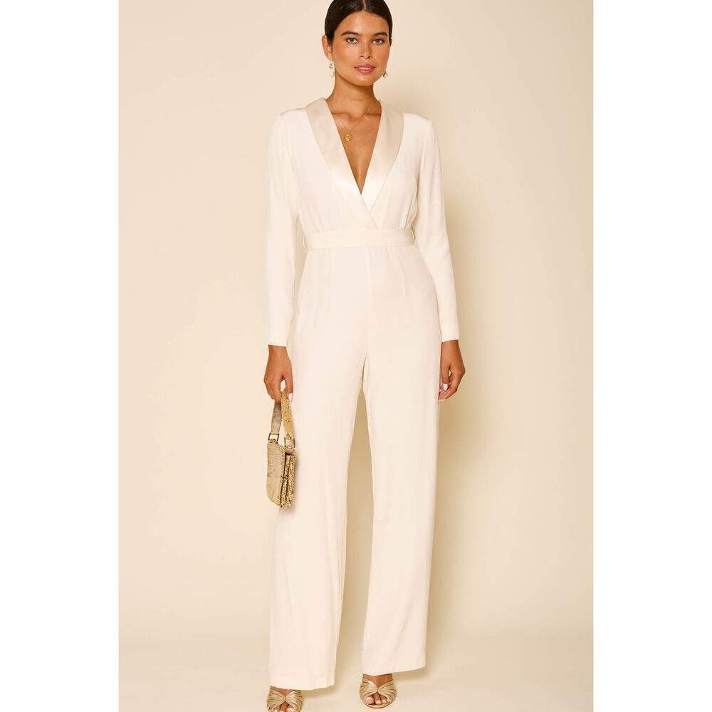 RIXO Fully Lined Bridal Emilia Silk Crepe Jumpsuit Long Sleeve Ivory Size 8